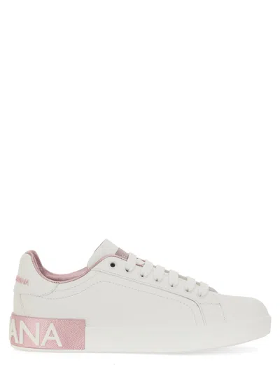 Dolce & Gabbana Portofino Leather Sneakers In White And Pink In White