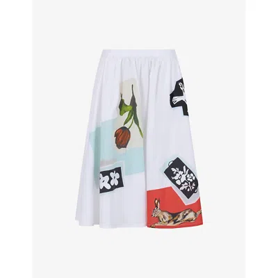 Marni Womens 00w01 Abstract-print High-rise Cotton-poplin Midi Skirt In White