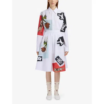 Marni Womens 00w01 Abstract-print High-rise Cotton-poplin Midi Skirt In White