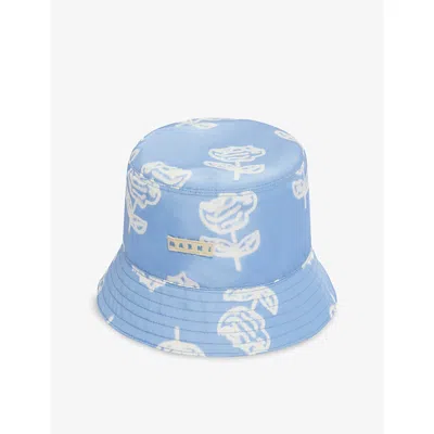 Marni Light Blue Taffeta Bucket Hat With Sprayed Roses Print In Blue
