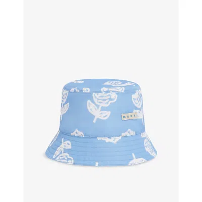 Marni Light Blue Taffeta Bucket Hat With Sprayed Roses Print In Blue