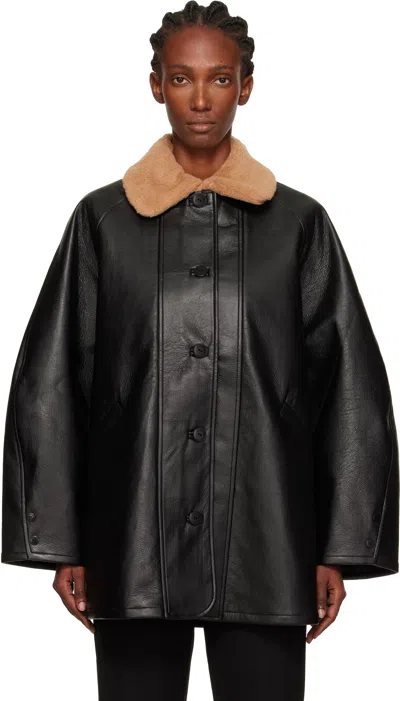 Cordera Black Aviator Midi Faux-leather Coat In Black