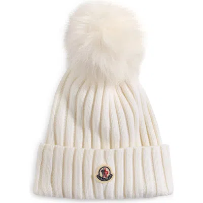 Moncler Virgin Wool Rib Beanie With Faux Fur Pompom In White