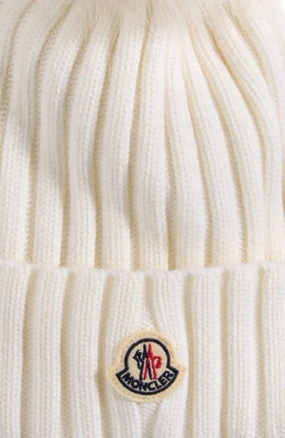 Moncler Virgin Wool Rib Beanie With Faux Fur Pompom In White