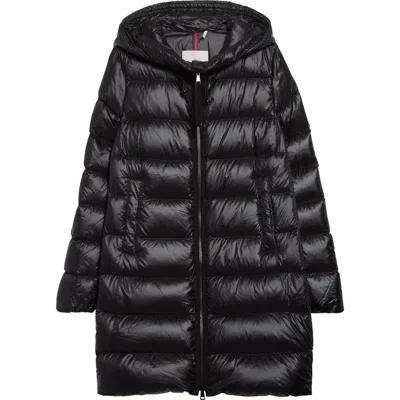 Moncler Suyenne Hooded Mid-length Down Jacket In Black