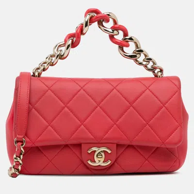 Pre-owned Chanel Elegant Chain Single Flap Small Lambskin Bag In Red