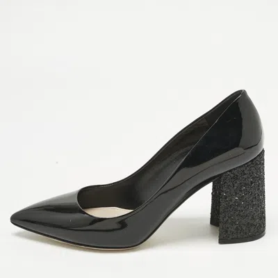 Pre-owned Miu Miu Black Patent Leather Glitter Heel Pointed Toe Pumps Size 39