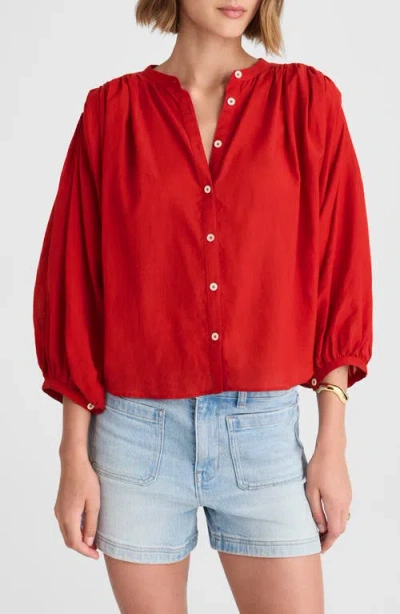 Madewell Shirred Crewneck Button-up Top In Red