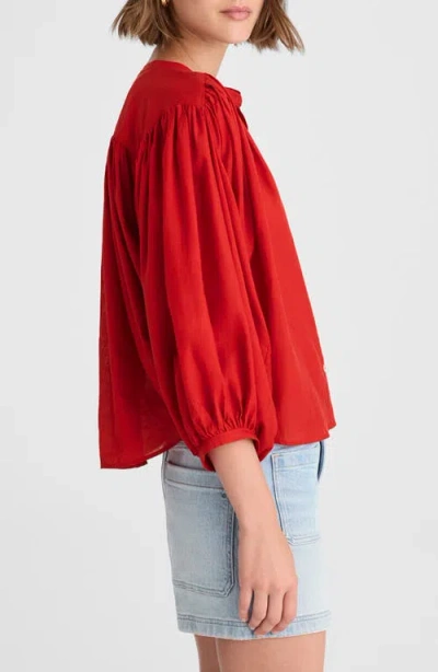Madewell Shirred Crewneck Button-up Top In Red