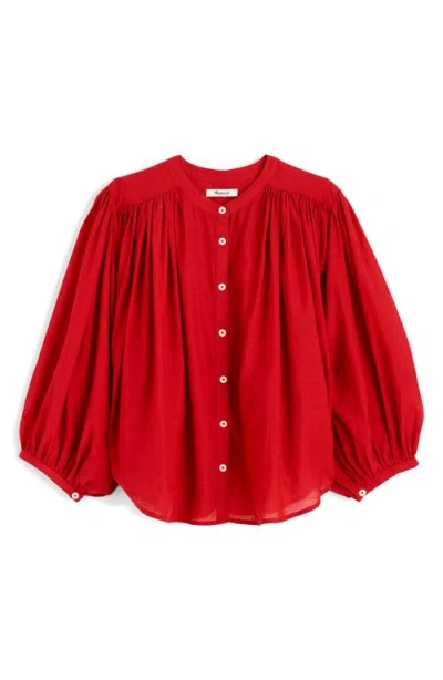 Madewell Shirred Crewneck Button-up Top In Red