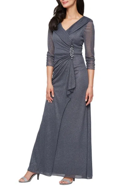 Alex Evenings Women's Glitter Mesh Long V-neck Gown In Gray