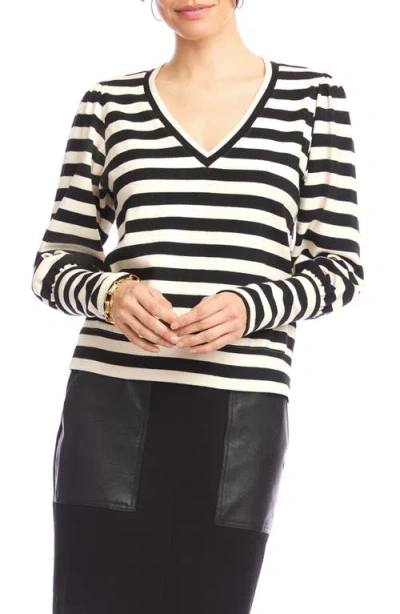 Karen Kane Stripe Bishop Sleeve V-neck Top In Black With Cream In White