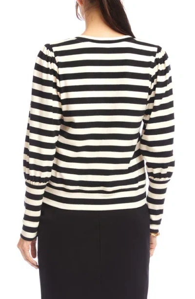 Karen Kane Stripe Bishop Sleeve V-neck Top In Black With Cream In White