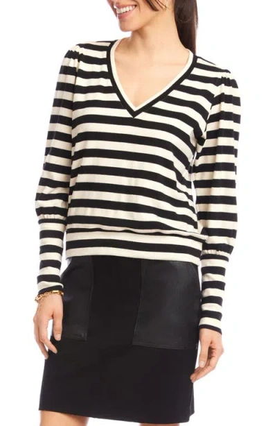 Karen Kane Stripe Bishop Sleeve V-neck Top In Black With Cream In White