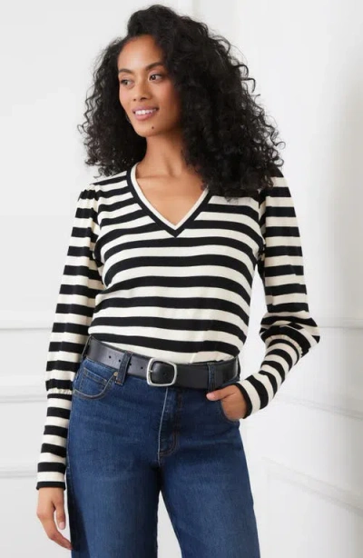 Karen Kane Stripe Bishop Sleeve V-neck Top In Black With Cream In White