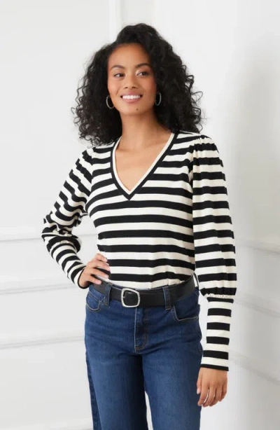 Karen Kane Stripe Bishop Sleeve V-neck Top In Black With Cream In White
