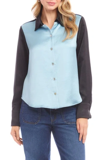 Karen Kane Long Sleeve Satin Colorblock Shirt In Glacier With Black In Blue