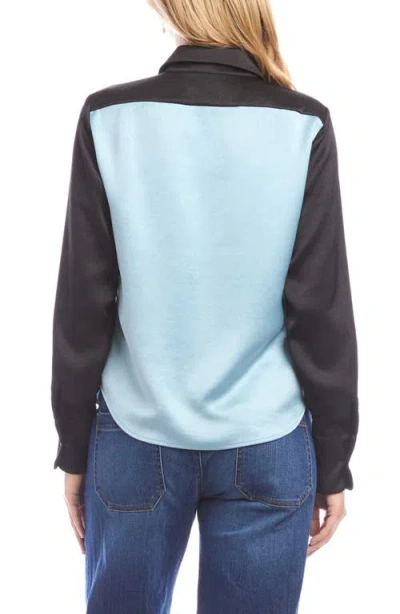 Karen Kane Long Sleeve Satin Colorblock Shirt In Glacier With Black In Blue