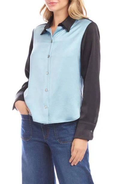 Karen Kane Long Sleeve Satin Colorblock Shirt In Glacier With Black In Blue