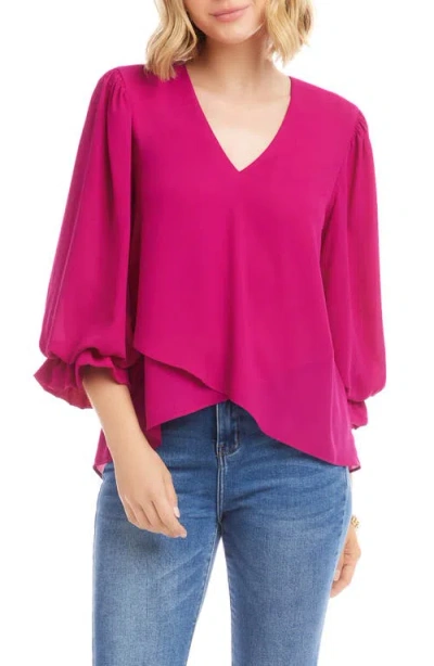 Karen Kane Layered Sleeve Asymmetric Top In Magenta In Animal Print