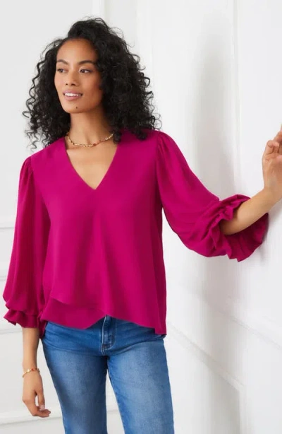 Karen Kane Layered Sleeve Asymmetric Top In Magenta In Animal Print