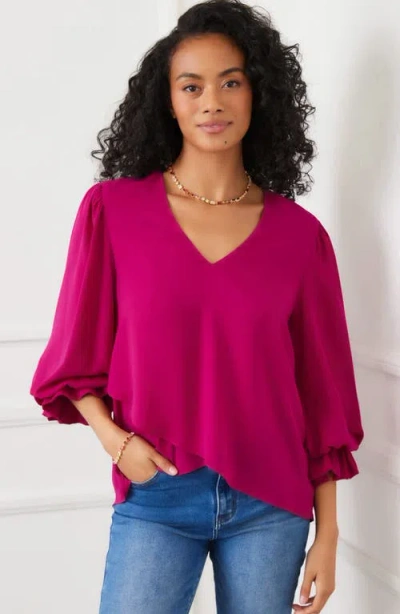 Karen Kane Layered Sleeve Asymmetric Top In Magenta In Animal Print