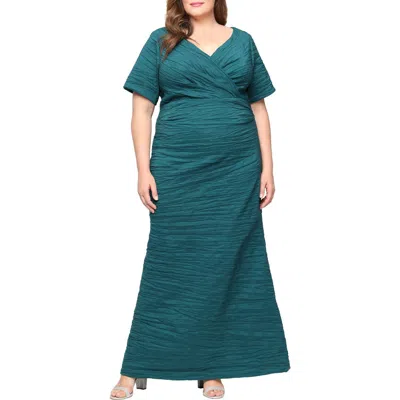 Alex Evenings Plus Size Long Crinkle Stretch Taffeta Dress In Green