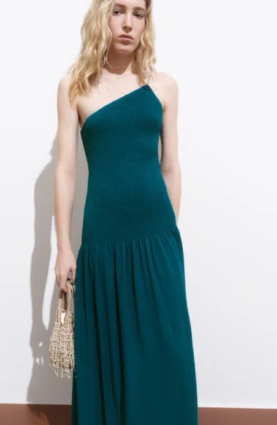 Mango Asymmetric Smocked One-shoulder Midi Dress In Green