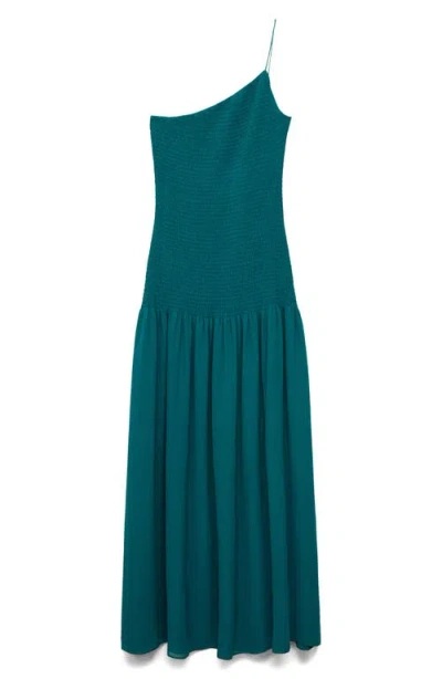 Mango Asymmetric Smocked One-shoulder Midi Dress In Green