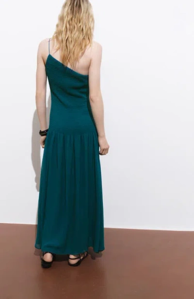 Mango Asymmetric Smocked One-shoulder Midi Dress In Green
