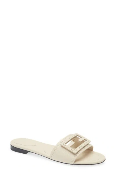 Fendi Baguette Ff Leather Buckle Flat Slide Sandals In White