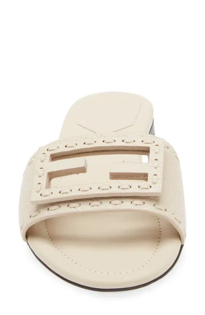 Fendi Baguette Ff Leather Buckle Flat Slide Sandals In White