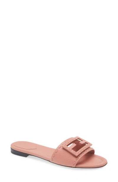 Fendi Baguette Ff Leather Buckle Flat Slide Sandals In Pink