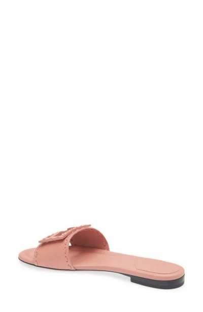 Fendi Baguette Ff Leather Buckle Flat Slide Sandals In Pink