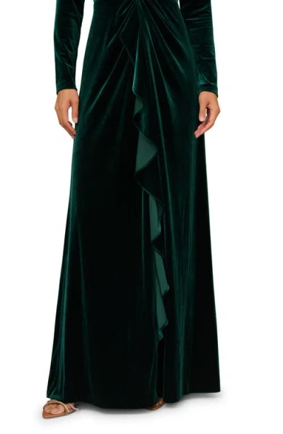 Aidan Mattox By Adrianna Papell Twisted Ruffle Long Sleeve Stretch Velvet Gown In Green