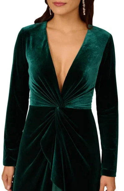 Aidan Mattox By Adrianna Papell Twisted Ruffle Long Sleeve Stretch Velvet Gown In Green