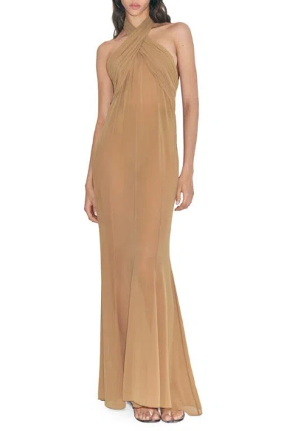 Mango Long Semi-transparent Dress With Crossed Neckline Nude In Brown
