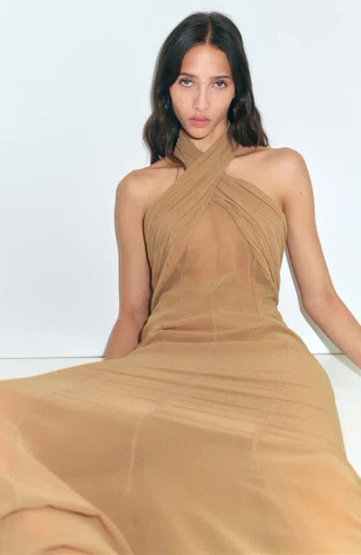Mango Long Semi-transparent Dress With Crossed Neckline Nude In Brown