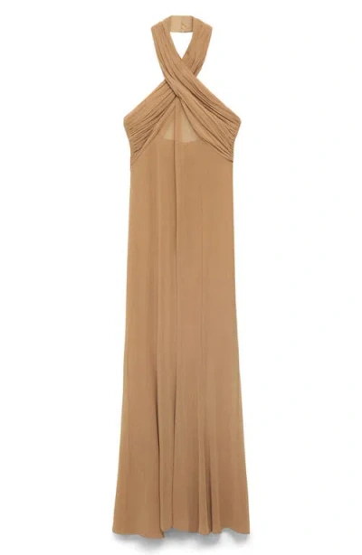 Mango Long Semi-transparent Dress With Crossed Neckline Nude In Brown
