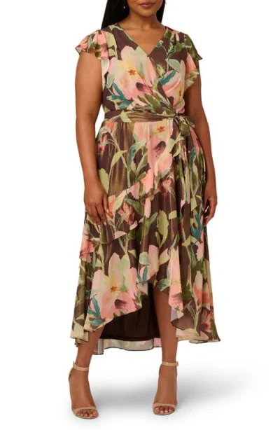 Adrianna Papell Plus Size Chiffon Printed High-low Midi Dress In Multi