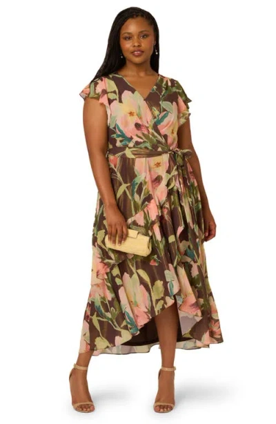 Adrianna Papell Plus Size Chiffon Printed High-low Midi Dress In Multi