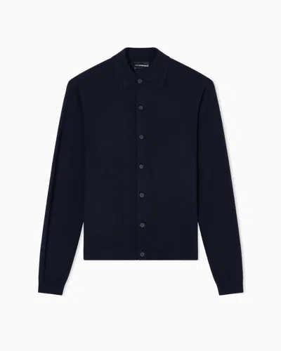 Emporio Armani Travel Essentials Plain-knit Virgin-wool Cardigan In Blue