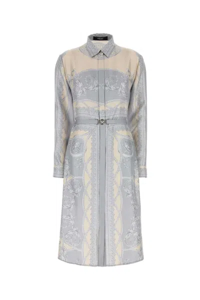 Versace Printed Silk Shirt Dress In Blue