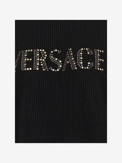 Versace Studs Logo Embroidery Wool Knit Sweater Black In Black