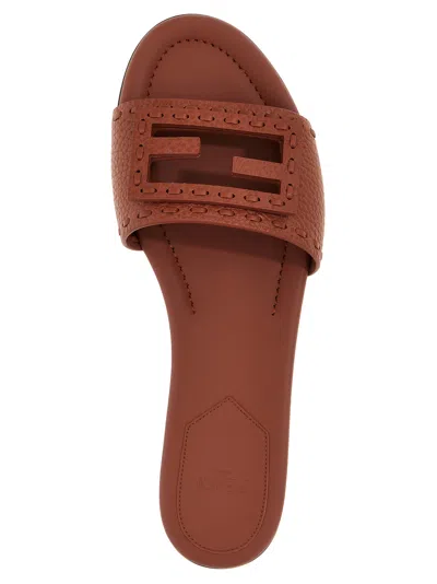 Fendi Baguette Leather Slides With Macro Selleria Topstitches In Brown