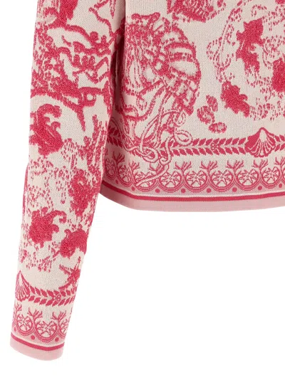 Versace Baroque Subaquatique Patterned Crew Neck Cardigan In Pink