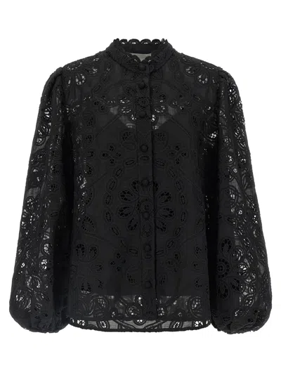 Zimmermann Rhiannon Guipure Lace Trim Cotton Shirt In Black