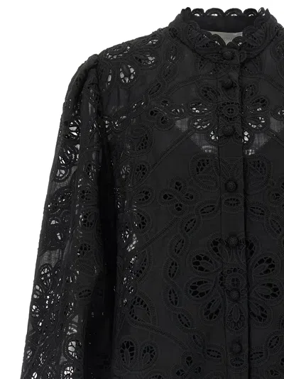 Zimmermann Rhiannon Guipure Lace Trim Cotton Shirt In Black