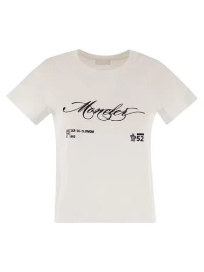 Moncler Cotton T Shirt With Embroidered Cursive Logo In White