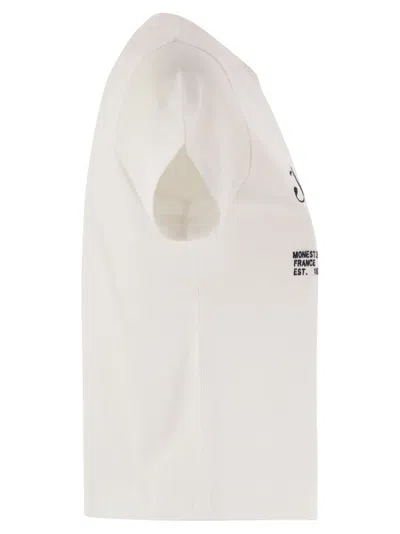 Moncler Cotton T Shirt With Embroidered Cursive Logo In White